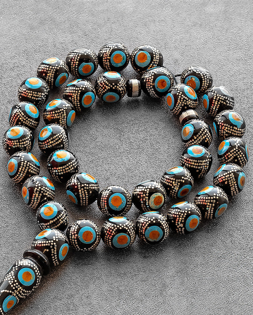 Silver-toned amber-like and turquoise-embellished rosary